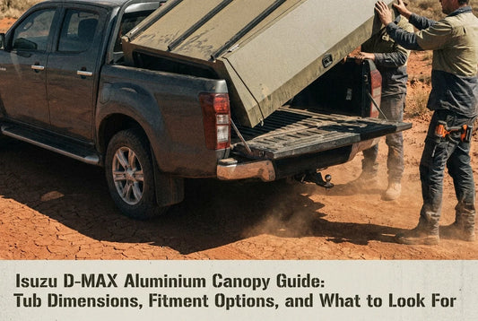 Professional header image for educational tutorial: Isuzu D-MAX Aluminium Canopy Guide: Tub Dimensions, Fitme...